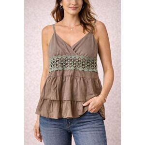 Pepper + Taupe Boho Tank Top L Sage Green Crochet Lace Tiered Flowy Cami